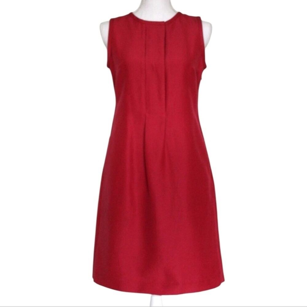 Talbots Red Sleeveless Shift Dress Box Pleat Jewel Neck Knee Length with Pockets